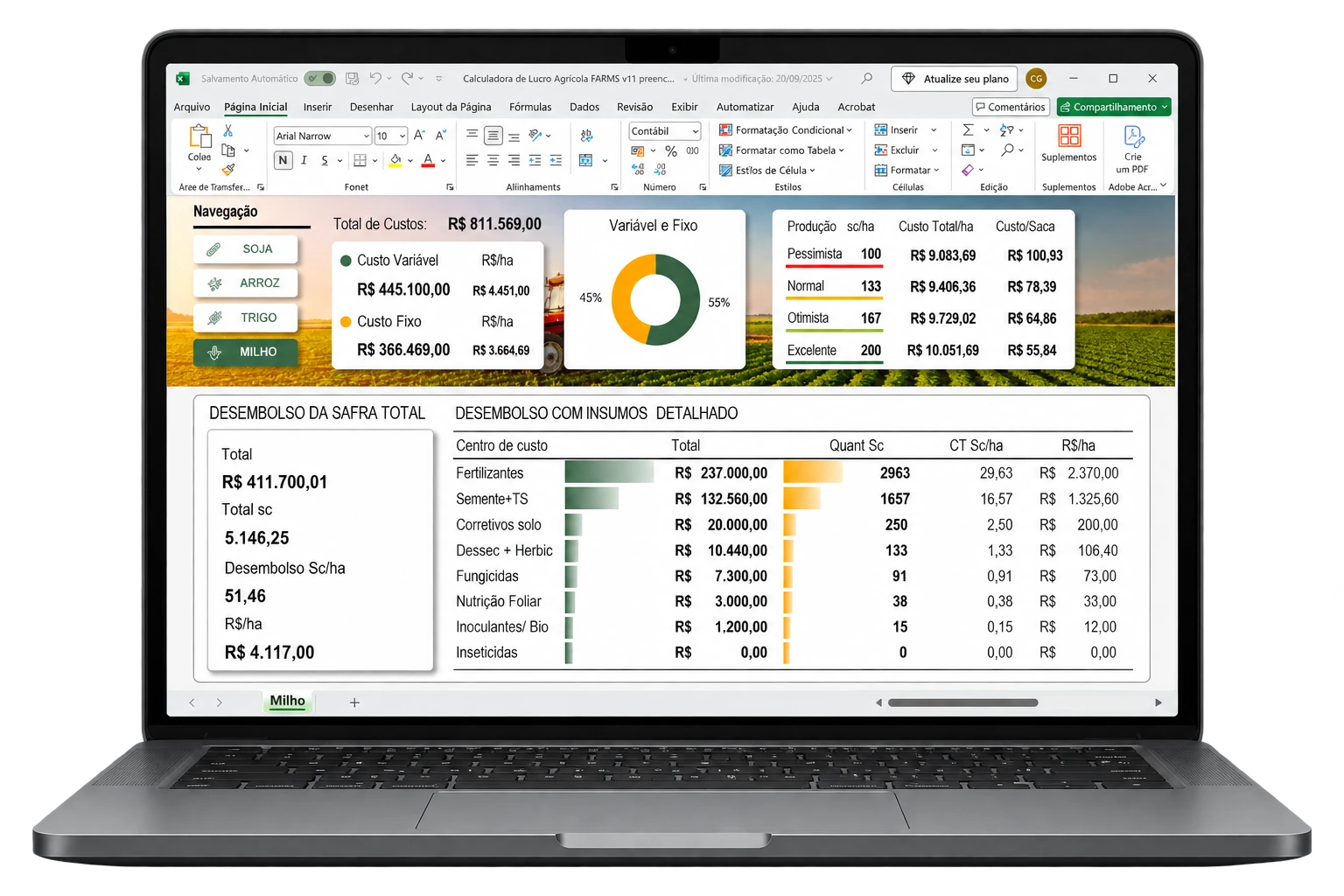 Notebook exibindo a Calculadora de Viabilidade da Safra no Excel, com custos, quatro cenários de produtividade e detalhamento dos insumos.