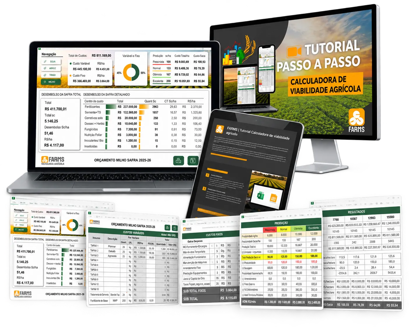Materiais da Calculadora de Viabilidade da Safra: planilha no notebook, tutorial passo a passo e telas de custos, produção e resultados.