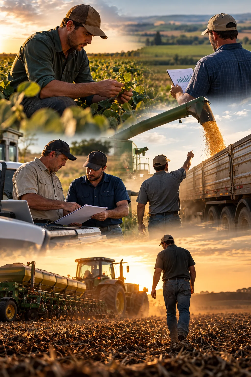 Montagem de produtores no campo analisando plantas e números, acompanhando a colheita e o plantio.