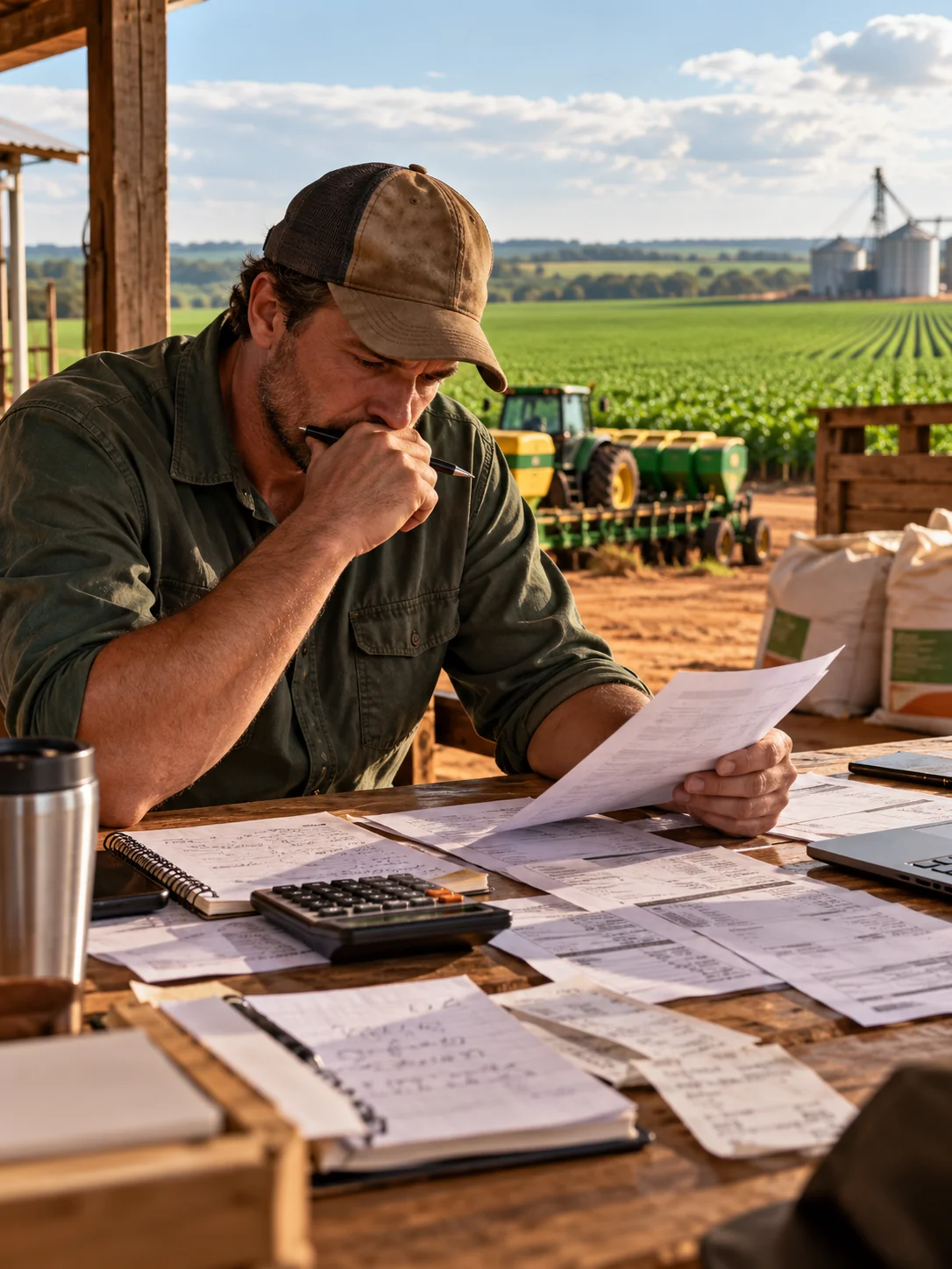 Produtor rural pensativo conferindo documentos e despesas da safra, com calculadora sobre a mesa e a lavoura ao fundo.